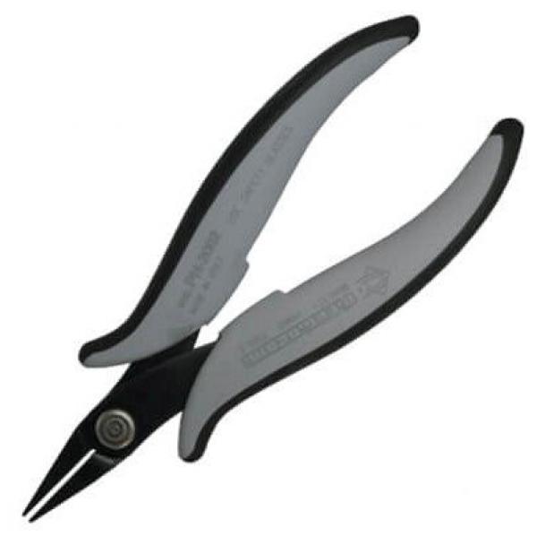 The image shows a small, curved pair of pliers with long, narrow jaws. The handle is ergonomically shaped, black and gray, and provides a good grip during work. The pliers are well suited for delicate tasks.