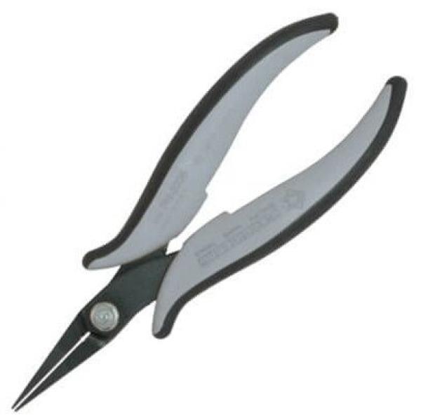 The image shows a sharp, pointed pair of pliers with a grip-friendly, gray and black rubber coating. The jaws of the pliers are narrow and suitable for precise tasks.