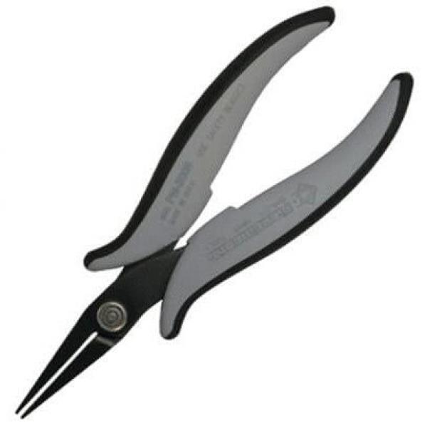 The image shows a pair of pliers with long, pointed jaws. The handles are ergonomically shaped and have a gray, non-slip surface. It appears sturdy and precise.