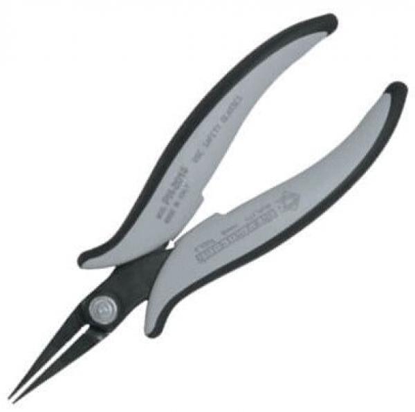The image shows a small pair of pliers with long, narrow tips and ergonomically shaped, gray and black handles. It is suitable for precise tasks.