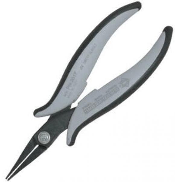 In the picture, there are pliers with long, pointed jaws. The handles are ergonomically designed and made of black and gray material. It is intended for precise work.