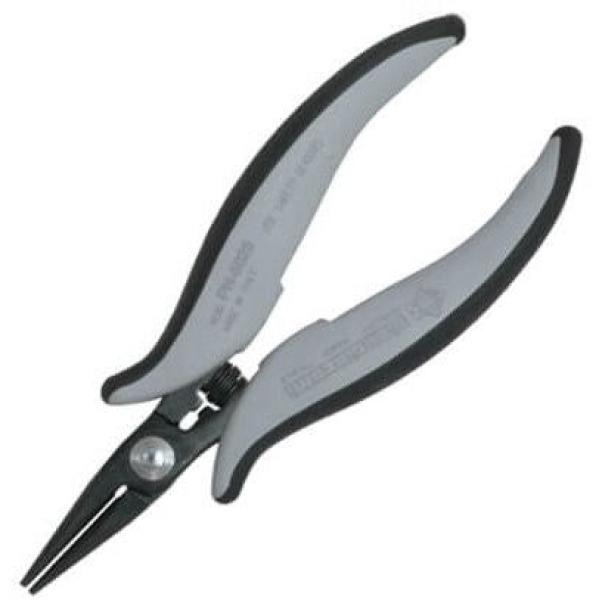 The image shows scissors with long, narrow blades. The handles are ergonomically designed, gray with a black rubber coating, providing a good grip. Ideal for precision work.