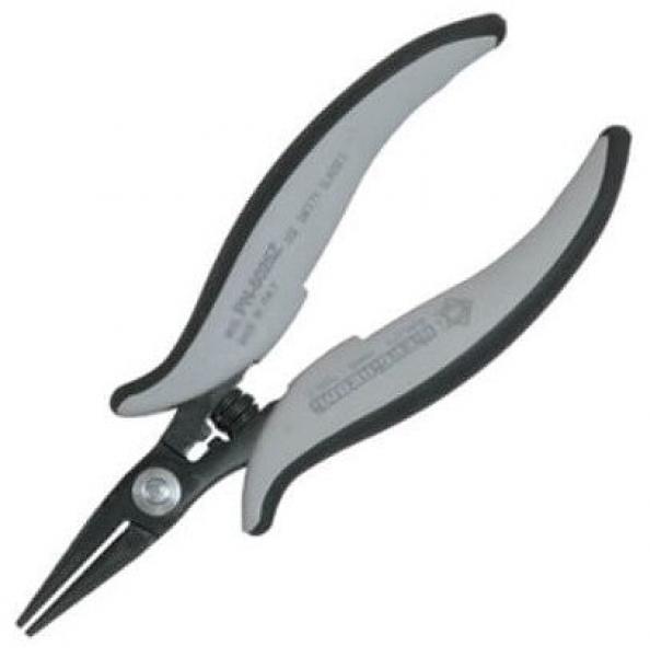 Das Bild zeigt eine kleine Zange mit langen, spitzen Backen. Die Griffe sind grau und schwarz, ergonomisch geformt für besseren Halt. Sie sieht robust und präzise aus.