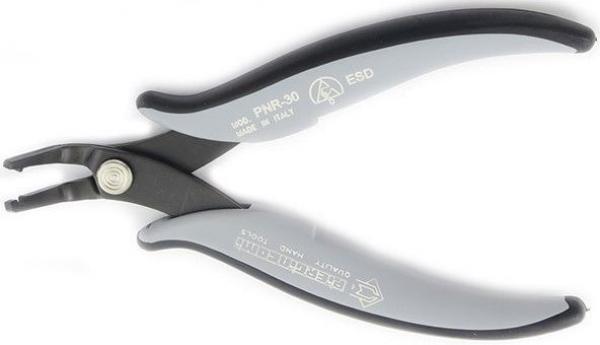 The image shows a pair of pliers with gray handles and a black metal tip. The pliers have a narrow opening and look sturdy and ergonomic. Ideal for precise work.
