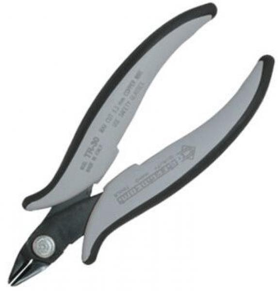 Das Bild zeigt eine schnittige Zange mit grauen, ergonomisch geformten Griffen und einer schwarzen Schneide. Die Zange hat ein geschwungenes Design und einen zentralen Schraubenkopf.