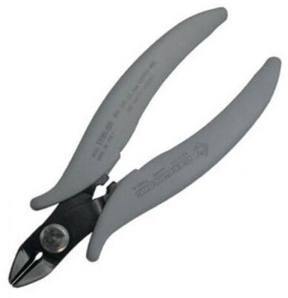 The image shows a pair of pliers with gray, non-slip grips. The pliers have a curved shape and a sharp cutting edge. They are designed for precise cuts, ideal for fine work.