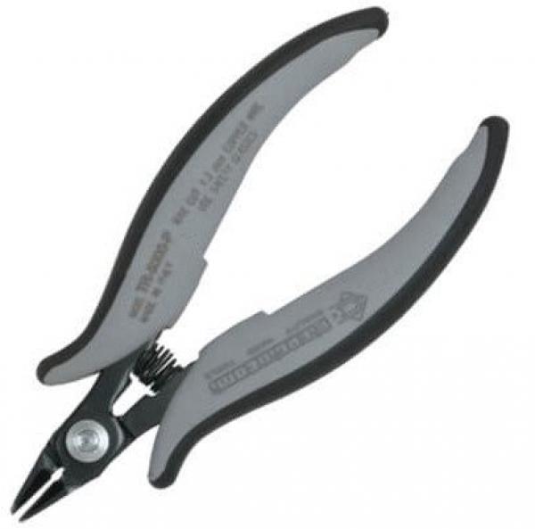 The image displays a type of pliers with ergonomic handles. The handles are black and gray, slightly curved. The pliers have sharp blades suitable for precise work. They appear handy and sturdy.