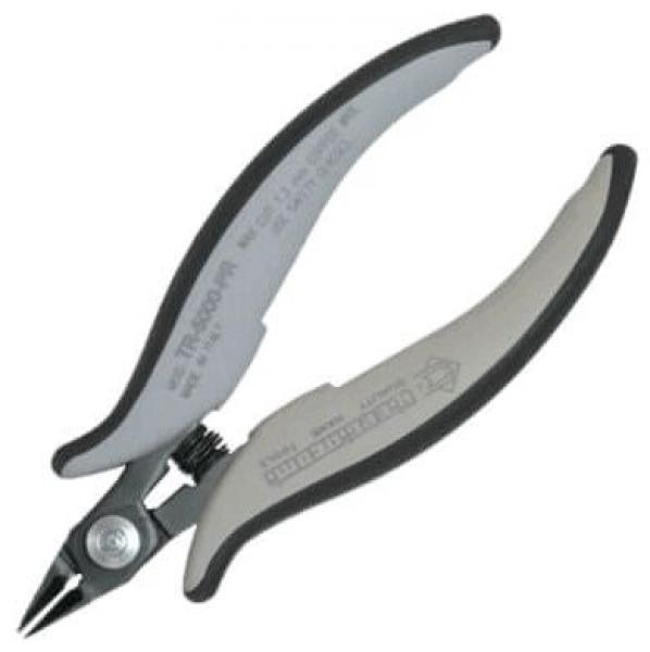 The image shows a small pair of scissors with gray, ergonomic handles and a sharp, pointed blade. The mechanism for opening and closing is visible.