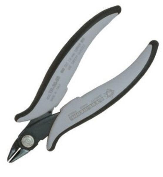 The image shows a pair of pliers with ergonomic, gray rubber handles and a metallic cutting edge. It is handy and suitable for cutting thin materials.