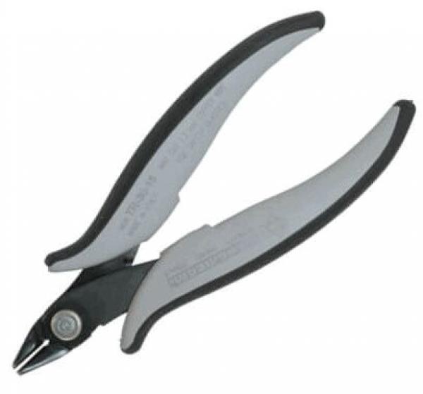 The image shows a pair of pliers with long, curved handles. The handles are black and gray, and the metal tip is narrow and sharp, suitable for precise cutting.