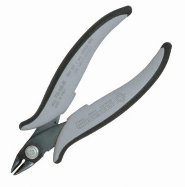 The image shows a pair of pliers with rounded, gray handles and a narrow, shiny blade. It is designed for precise cutting or gripping.