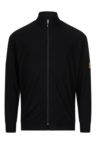 The image shows a black zip-up sweatshirt with a stand-up collar. The jacket has long sleeves and is plain, without any conspicuous patterns. A small logo is attached to one sleeve.