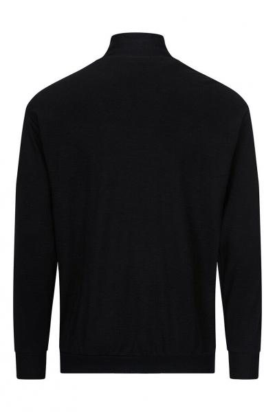 The image displays the back view of a black sweatshirt. It features a short collar, long sleeves, and a sporty cut. The fabric appears soft and comfortable.