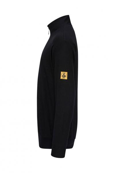 The image shows a black sweater with a stand-up collar and a yellow logo on the sleeve. It has a simple, elegant cut and is solid-colored.