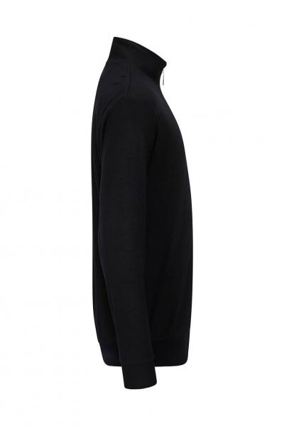 The image shows a black sweater from the side view. It features a high collar and long sleeves, with a simple and elegant design. The fabric appears soft and comfortable.