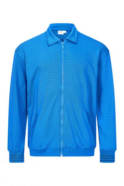 Das Bild zeigt eine blaue Jacke mit Reißverschluss. Sie hat einen klassischen kragen und feine horizontale Streifen. Die Ärmel sind lang und enden mit einem schmalen Bündchen.