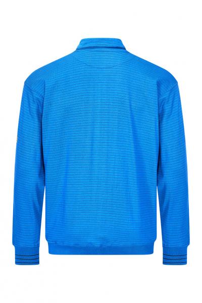 Das Bild zeigt die Rückansicht einer blauen Jacke. Sie hat einen hohen Kragen, lange Ärmel und ist mit feinen, horizontalen Streifen versehen. Der Stoff wirkt glatt und leicht.