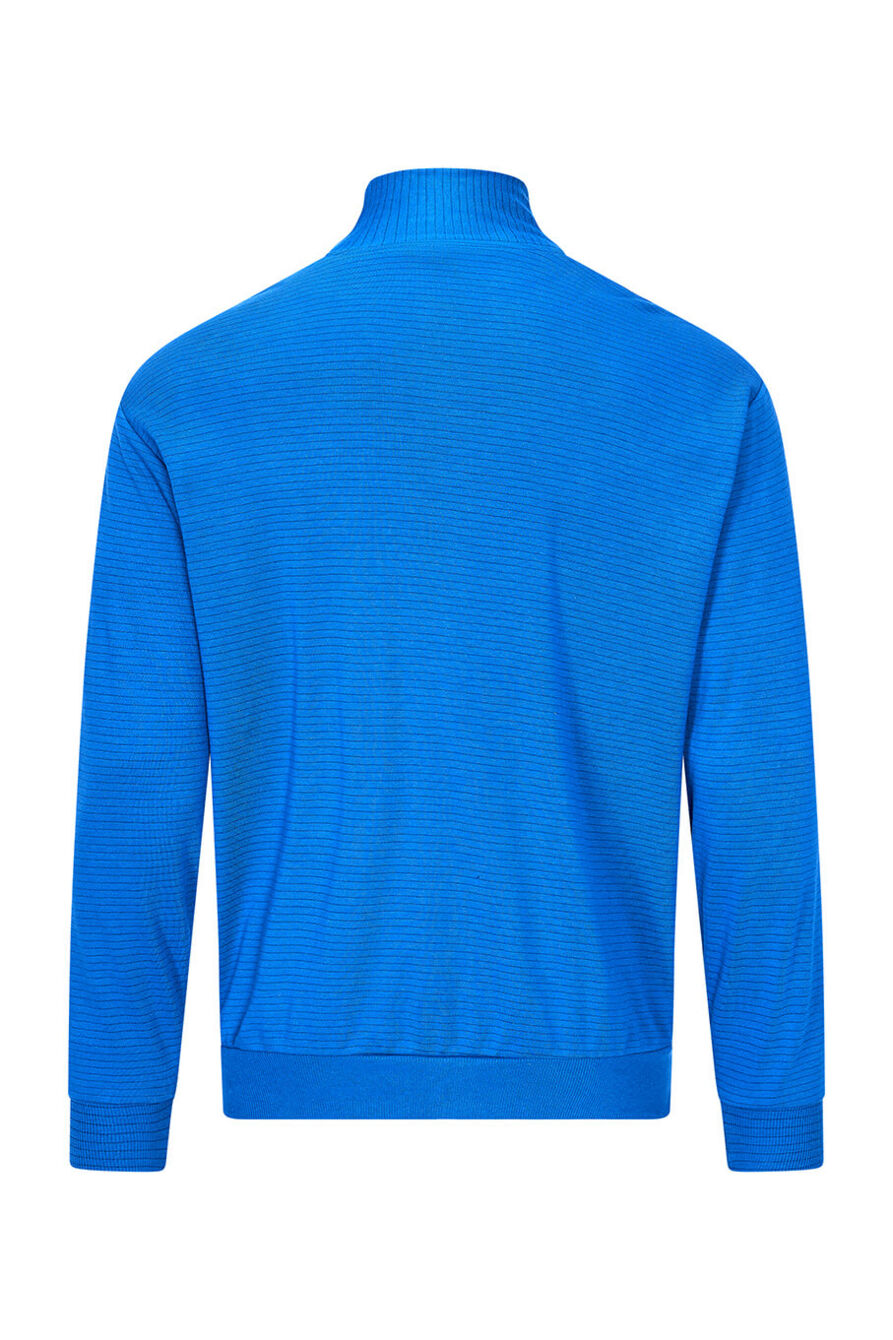 The image shows a blue sweater with a stand-up collar, made from a textured material. The back view displays long sleeves and a simple, modern cut.