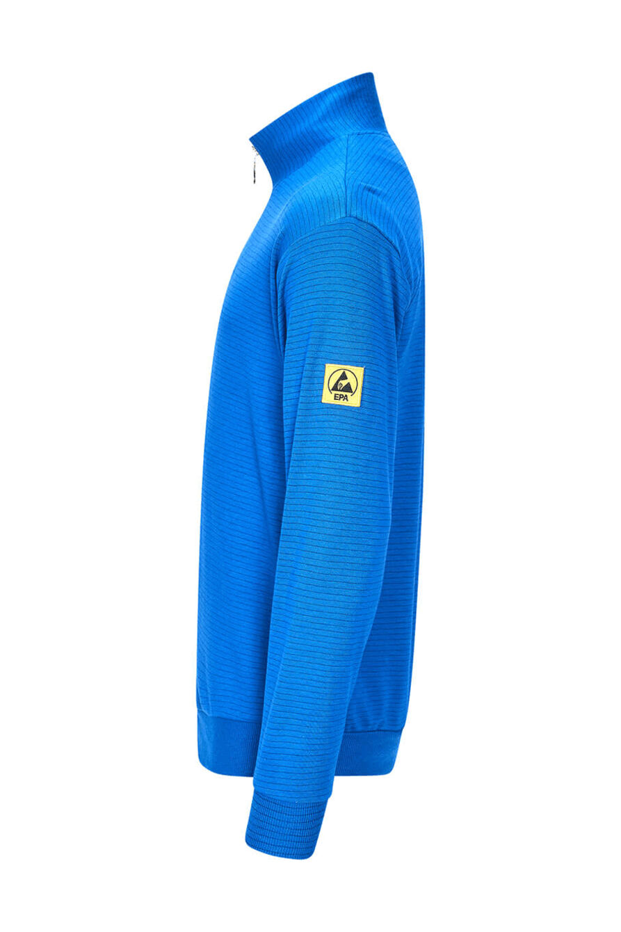 The image shows a blue sweater with a stand-up collar and long sleeves. It has a textured surface and a yellow logo on the left sleeve. The sweater is shown from the side.