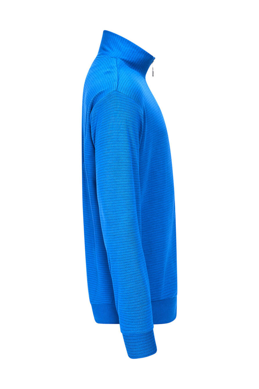 The image shows a blue sweater with a high collar. The sweater has long sleeves and is solid colored. The surface features a textured finish.