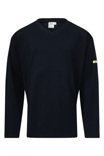 Das Bild zeigt ein langärmeliges, schwarzes Shirt mit V-Ausschnitt. Es hat eine strukturierte Oberfläche und ein gelbes Detail an einem Ärmel. Der Stil ist schlicht und modern.