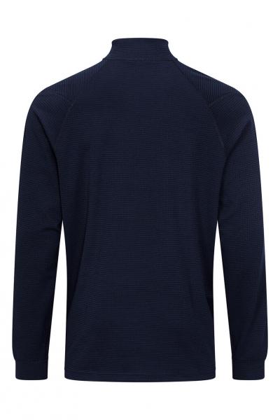 Das Bild zeigt ein dunkelblaues Langarmshirt mit einem hohen Kragen. Es hat lange Ärmel und eine einfache, strukturierte Oberfläche. Der Schnitt ist schlicht und modern.