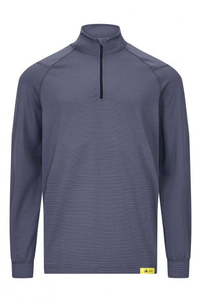 Das Bild zeigt einen dunkelblauen, figurbetonten Pullover mit einem kurzen Reißverschluss am Hals. Der Stoff hat feine, vertikale Streifen und lange Ärmel. Unten rechts befindet sich ein gelbes Etikett.