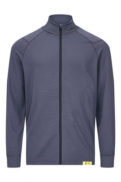 The image shows a dark blue jacket with a full-length zipper and a stand-up collar. It has long sleeves and a fine stripe pattern. There is a small yellow label at the bottom edge.