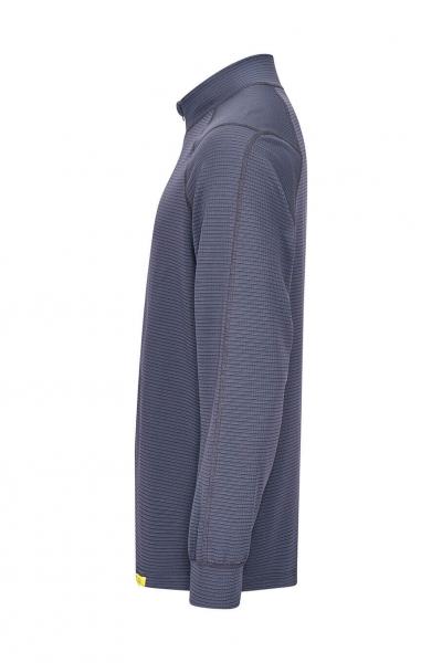 The image displays a long-sleeved, navy blue shirt in a side view. It features a stand-up collar and a fine, striped texture. There is a small yellow accent at the bottom hem.