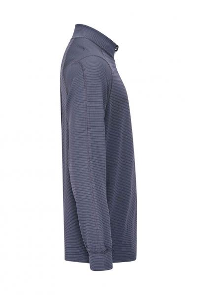 The image shows a long-sleeved polo shirt in dark blue with fine horizontal stripes. The collar is classic and the sleeves end at the wrist.