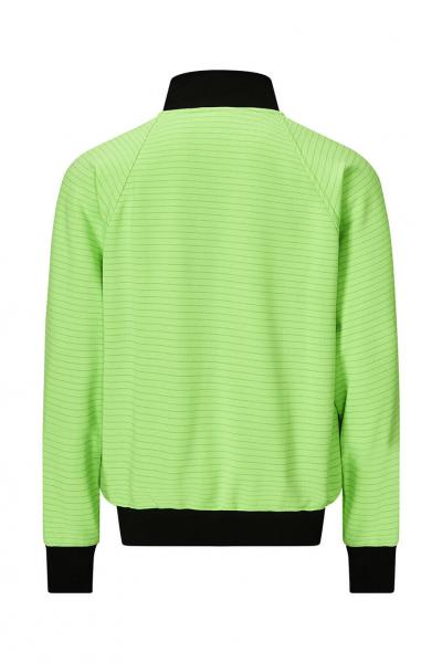 Das Bild zeigt eine grüne Jacke mit einem strukturierten Muster. Sie hat einen schwarzen Kragen und schwarze Bündchen an den Ärmeln und am Saum. Die Rückansicht ist sichtbar.