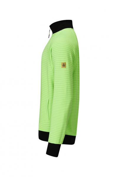 Das Bild zeigt einen hellgrünen, gestreiften Pullover mit einem schwarzen Kragen und Bündchen. An der linken Seite befindet sich ein kleines Logo. Der Pullover ist von der Seite abgebildet.