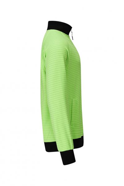 Das Bild zeigt einen leuchtend grünen Sweatshirt mit einem hohen, schwarzen Kragen. Die Ärmel sind ebenfalls schwarz, und es gibt eine seitliche Tasche. Der Schnitt ist sportlich und modern.