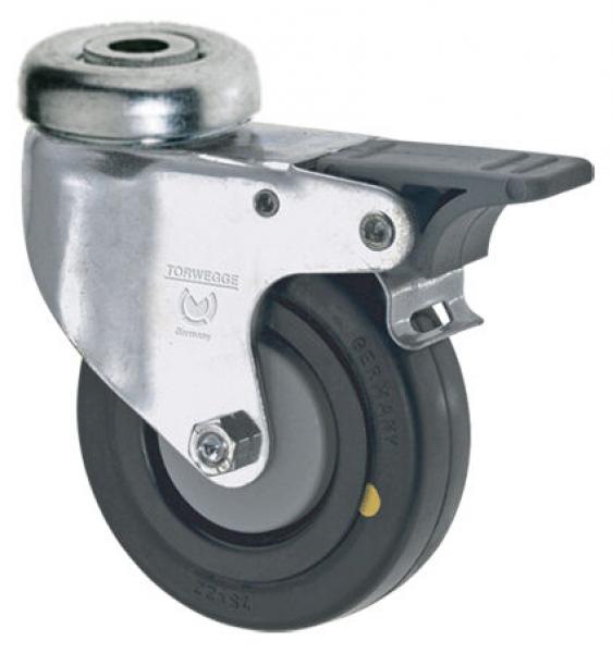 The image shows a stable caster with a black rubber tire and a metal casing. The caster has a pivot point at the top and a wide area for mounting.