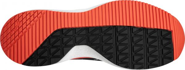 The image shows the sole of a shoe. It features a black pattern with diamond-shaped protrusions and a red zone with vertical stripes at the front. The sole is flat overall.