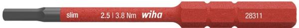 Das Bild zeigt einen schmalen Schraubendreher-Aufsatz in Rot. Er hat einen grauen Kopf und eine eingravierte Bezeichnung mit technischen Angaben sowie dem Markennamen "wiha".