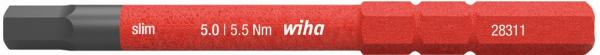 The image displays a red screwdriver with a sleek design. On the handle, technical specifications such as "5.0 / 15.5 Nm" and the brand "wiha" are printed.