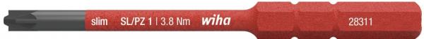 Auf dem Bild ist ein roter Schraubendreher-Bit zu sehen. Er hat eine flache Spitze und trägt die Aufschrift "wiha" sowie weitere technische Angaben. Der Bit ist schlank und hat einen hexagonalen Schaft.