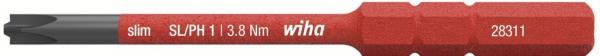 The image shows a red screwdriver bit with a flat and a Phillips head tip. The handle displays product details and the brand "Wiha". The bit is slim and handy.
