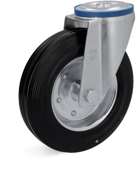 The image shows a single caster wheel. It has a black rubber tire and a silver metal bracket. At the top, there is a blue cap that protects the swivel mechanism.