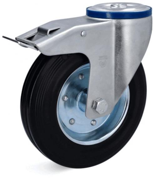 The image shows a metal wheel with a black rubber coating. It has a central axle, a bracket, and a screw on top that serves for attachment. The wheel is intended for mobility.