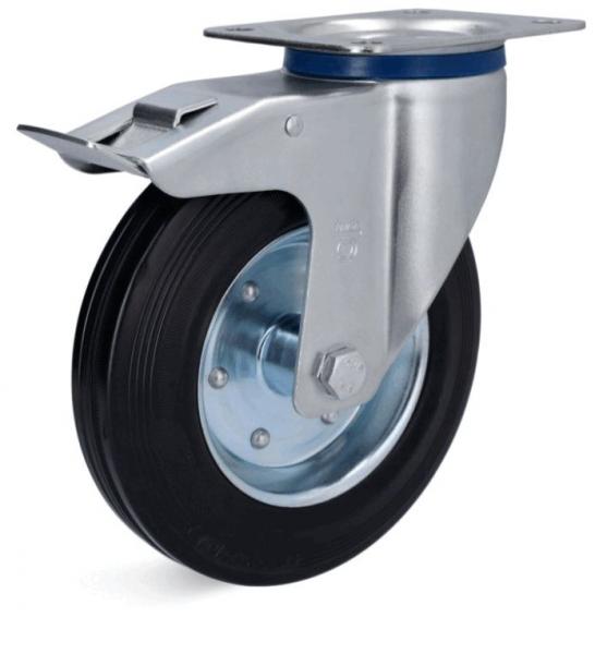 The image displays a metallic roller system. A round, black rubber wheel is located at the end, attached to a sturdy, silver bracket with a top mounting plate.