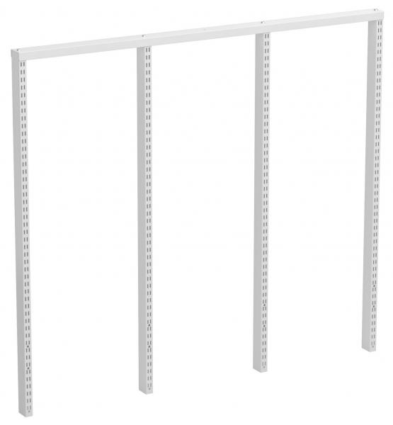 The image depicts a simple, white shelving system with three vertical supports and a top connector. It is designed for mounting on walls or for supporting shelves.