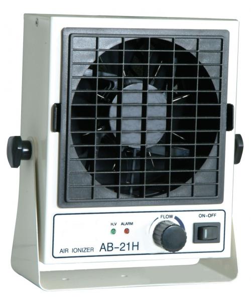 The image shows a compact air ionizer with a square fan in the center. On the front, there are switches and a rotary knob for adjustments.