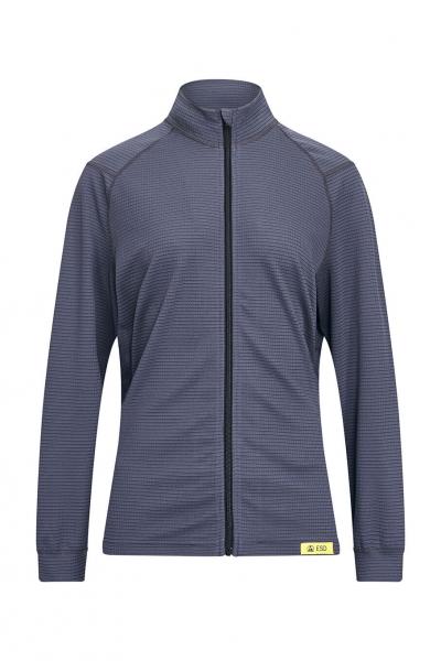 Das Bild zeigt eine enganliegende, dunkelblaue Jacke mit einem Reißverschluss in der Mitte. Sie hat einen hohen Kragen und feine, vertikale Streifen. Sie ist sportlich und funktional gestaltet.