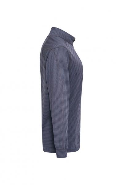 Das Bild zeigt ein langärmliges, dunkelblaues Hemd aus einem feinen, gestreiften Stoff. Der Kragen ist klassisch und der Schnitt ist körpernah. Es hat eine elegante, schlichte Erscheinung.
