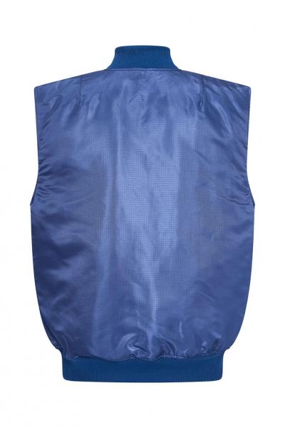 Das Bild zeigt die Rückansicht einer ärmellosen, blauen Jacke. Die Jacke hat einen elastischen Kragen und eine glatte, glänzende Oberfläche. Der untere Saum ist ebenfalls elastisch.
