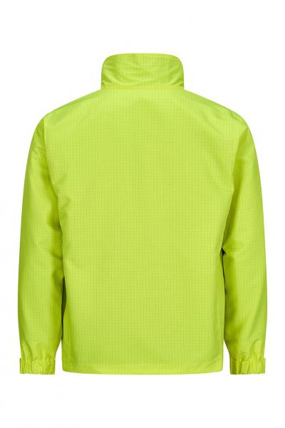 The image shows a bright yellow jacket from the back. It has a high collar and long sleeves, is plain and without patterns. The fabric appears light and breathable.