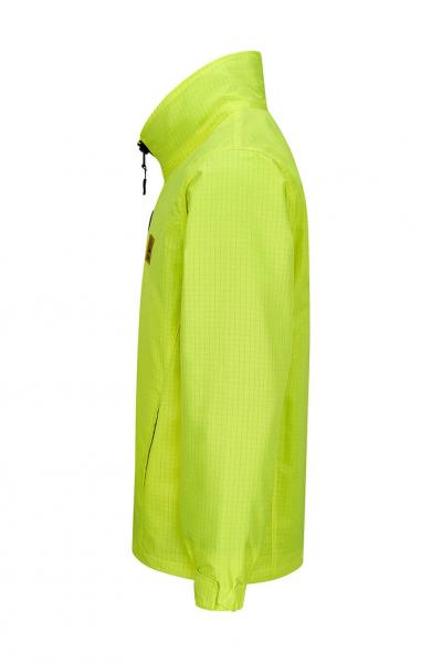 The image shows a bright yellow jacket in profile. It has a high collar and a zipper. The surface appears smooth and has small, textured dots.