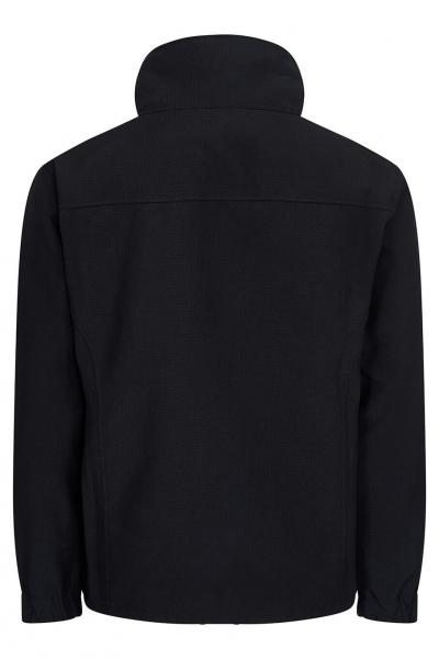Das Bild zeigt die Rückansicht einer schwarzen Jacke. Sie hat einen hohen Kragen und lange Ärmel. Der Stoff wirkt glatt und unauffällig, ohne Muster oder besondere Details.